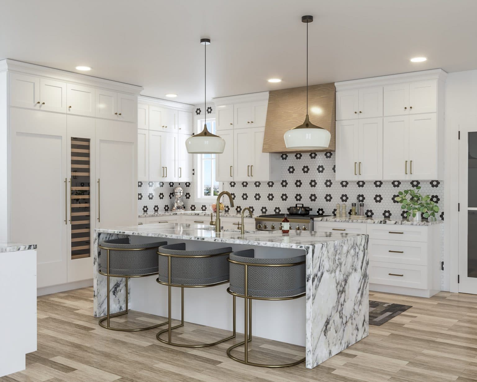 A premium White Shaker kitchen with 36-inch tall wall cabinets, marble waterfall island, brass hardware, and modern lighting β the look you get with Forever Cabinets.