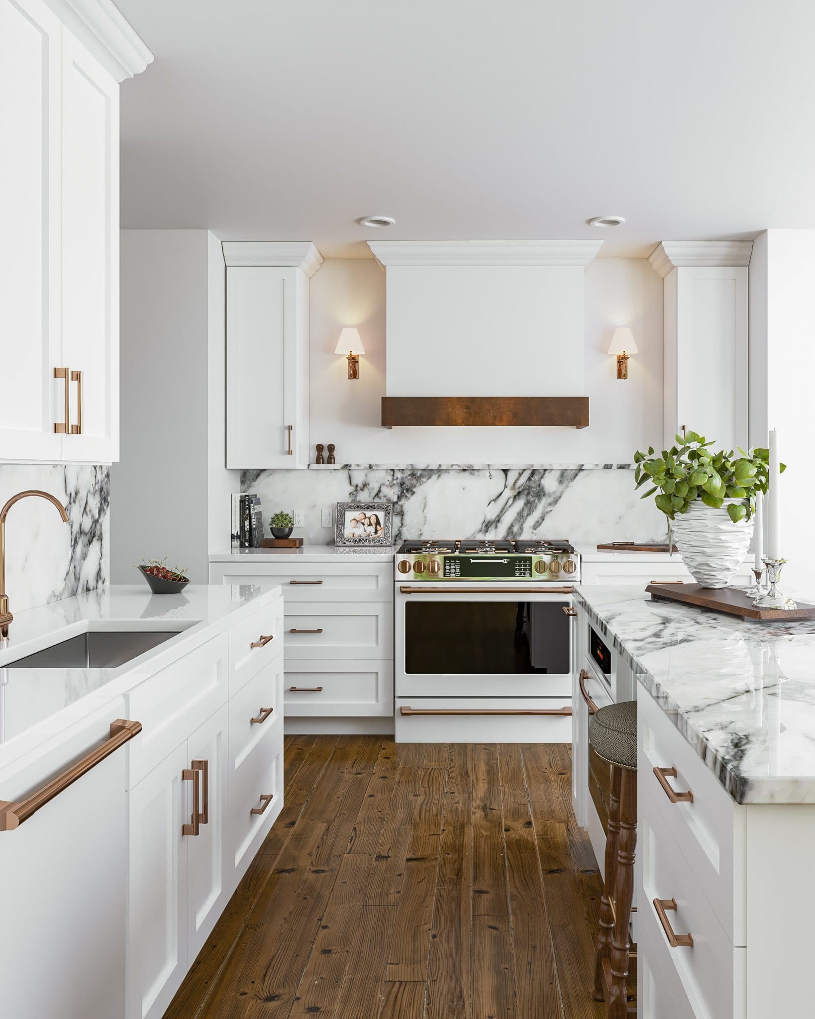 A White Shaker kitchen with 36-inch wall cabinets, brass bar pulls, marble counters, and integrated range hood — Forever Cabinets installed.